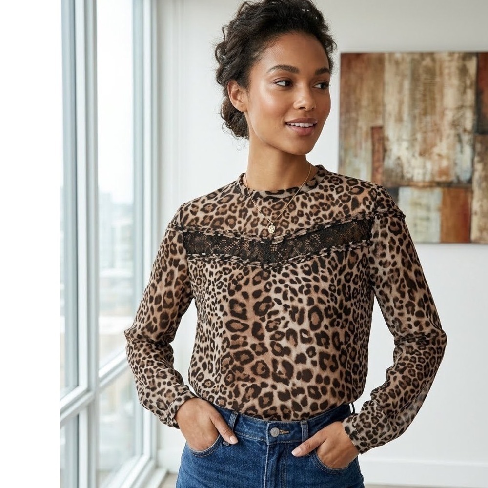 White House Black Market Leopard Print Lace Inset Blouse XS Brown Tan Sheer
